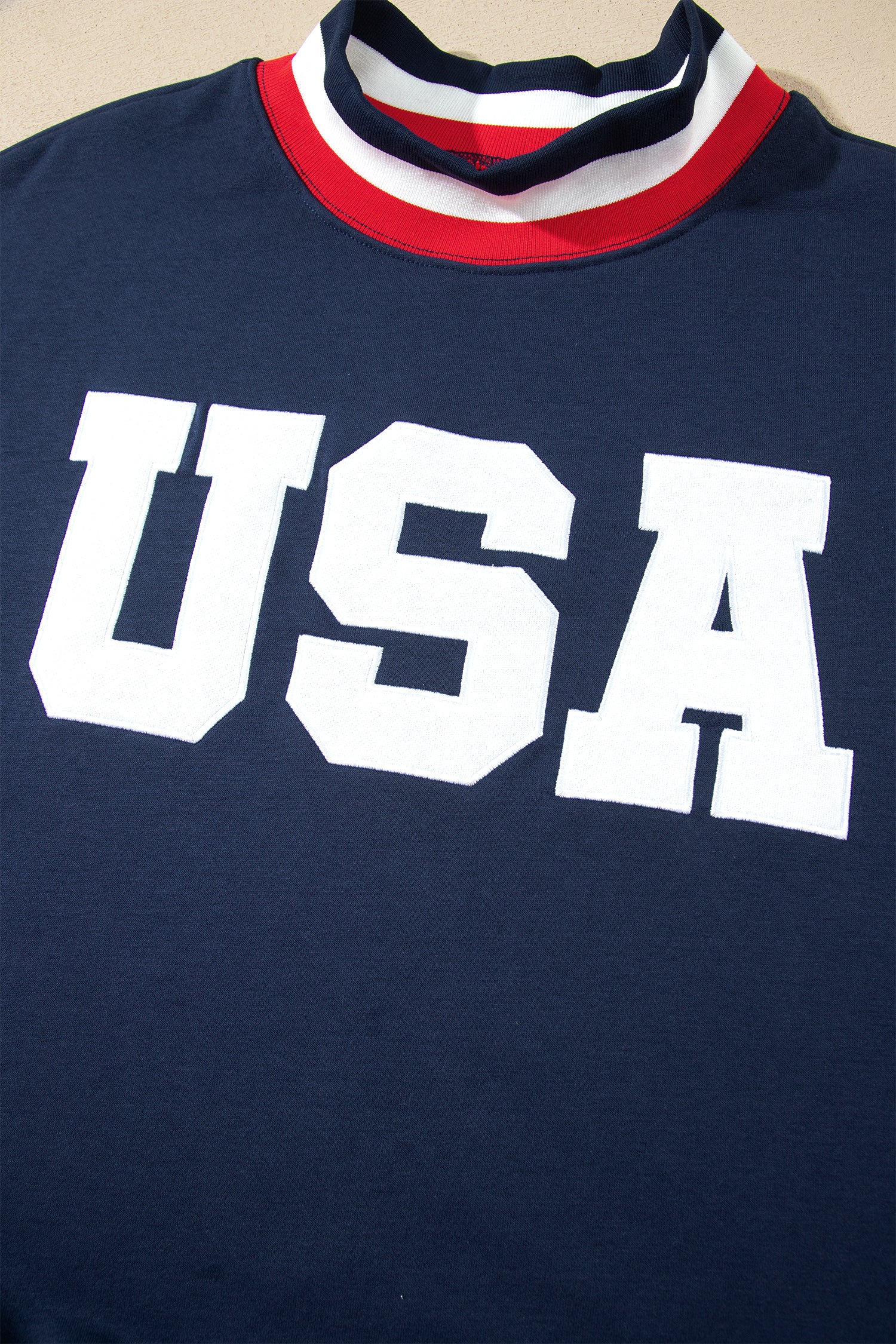 Dirty blue USA Slogan Patch Embroidery Colorblock High Neck Long Sleeve Sweatshirt-Tops/Sweatshirts & Hoodies-[Adult]-[Female]-2022 Online Blue Zone Planet