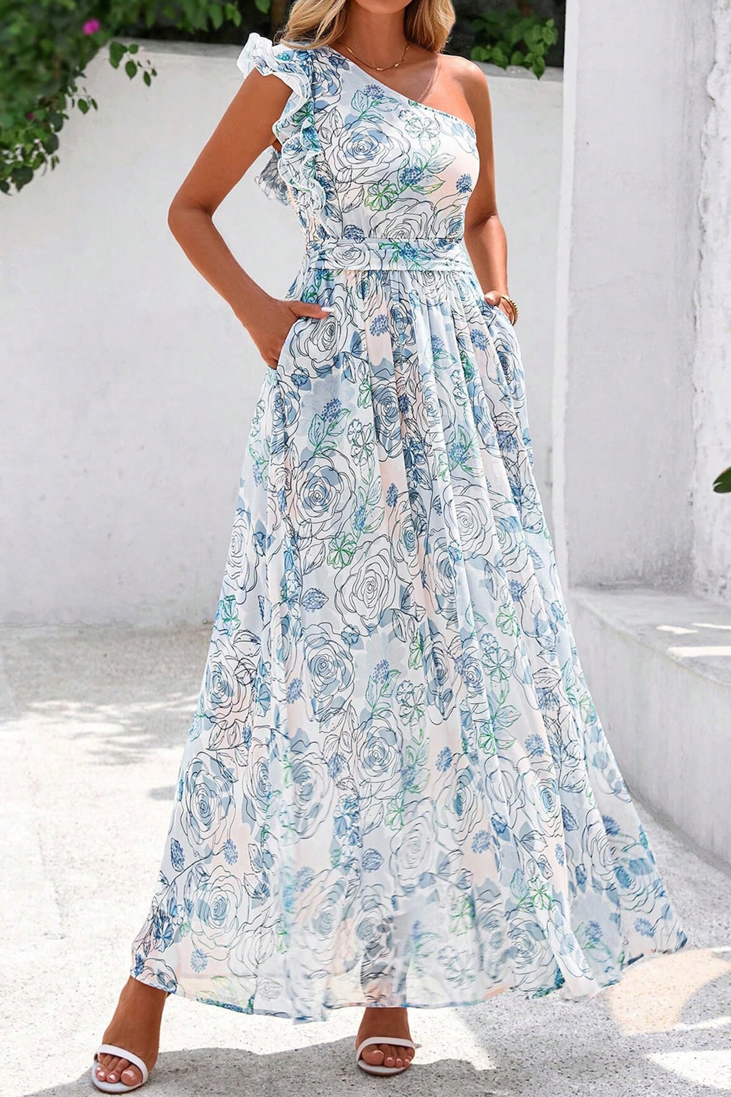 Sky Blue Floral Print Ruffled One Shoulder Vacation Maxi Dress-Dresses/Floral Dresses-[Adult]-[Female]-2022 Online Blue Zone Planet