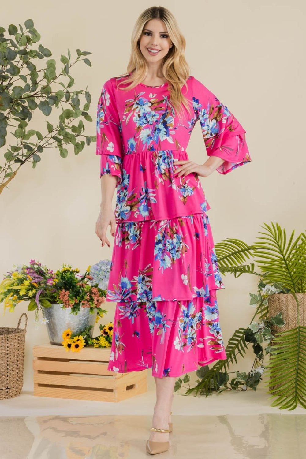 Celeste Full Size Floral Ruffle Tiered Midi Dress-TOPS / DRESSES-[Adult]-[Female]-2022 Online Blue Zone Planet