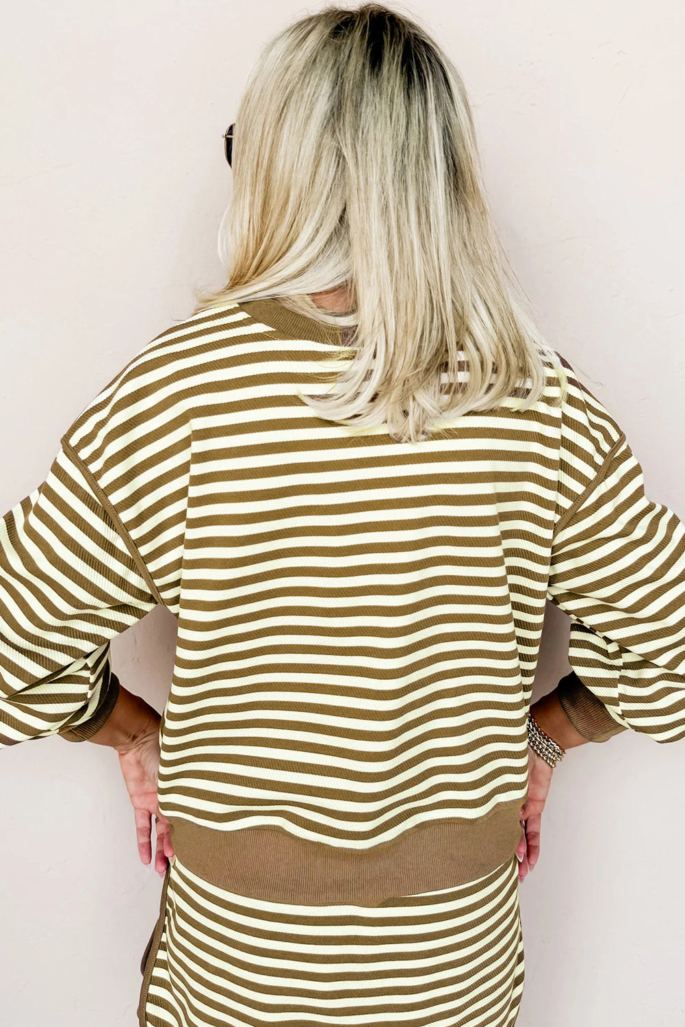 Brown Stripe Textured Drop Shoulder Pullover Top Drawstring Mini Skirt Two Piece Dress Set-Two Piece Sets/Two Piece Dresses-[Adult]-[Female]-2022 Online Blue Zone Planet