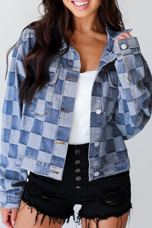 Blue Zone Planet | Black Checkered Patchwork Button up Denim Jacket-Outerwear/Denim jackets-[Adult]-[Female]-Light Blue-S-2022 Online Blue Zone Planet