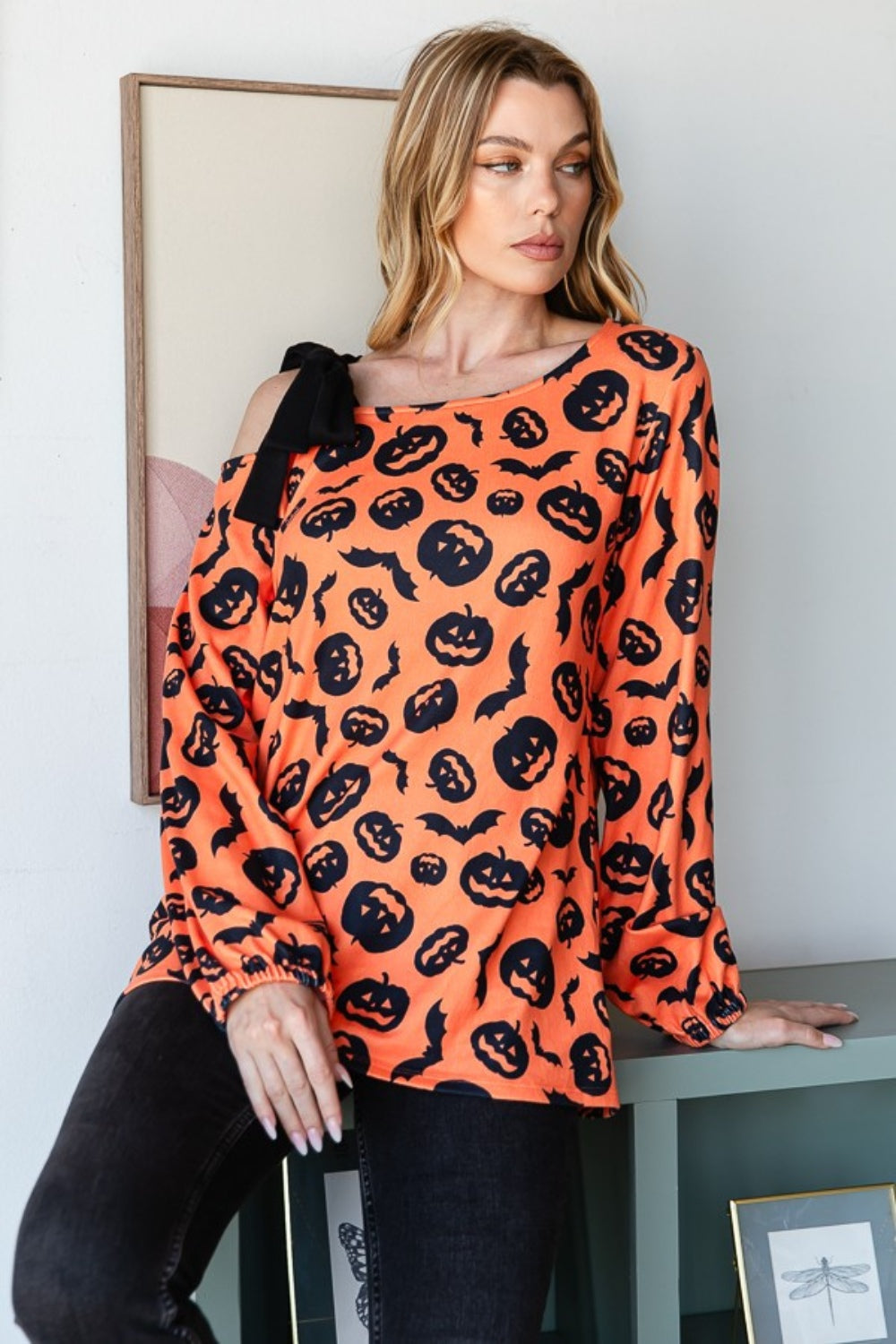 Heimish Pumpkin Print One Shoulder T-Shirt-TOPS / DRESSES-[Adult]-[Female]-2022 Online Blue Zone Planet