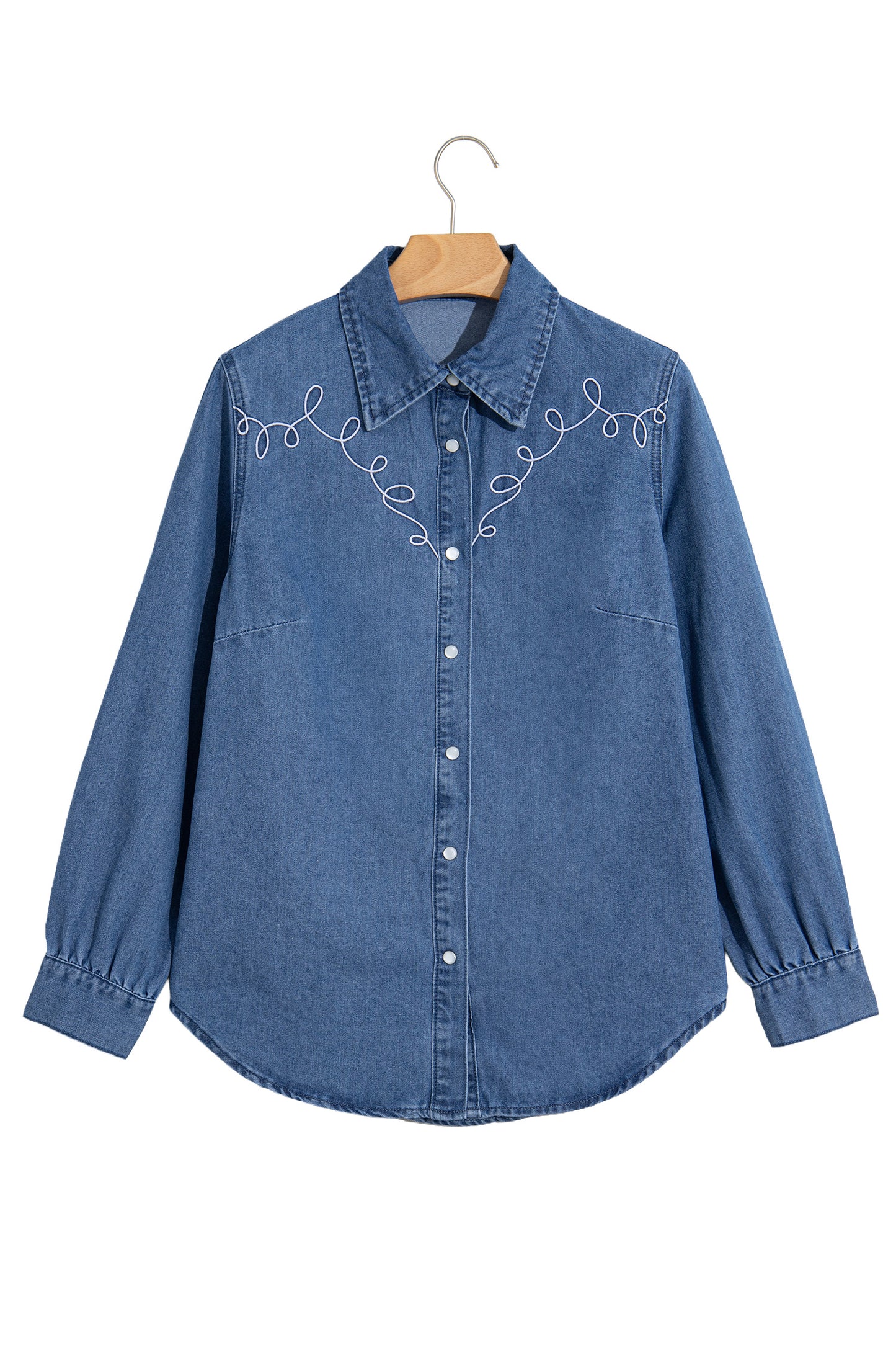Dusk Blue Western Embroidered Collar Long Sleeve Denim Shirt-Tops/Blouses & Shirts-[Adult]-[Female]-2022 Online Blue Zone Planet