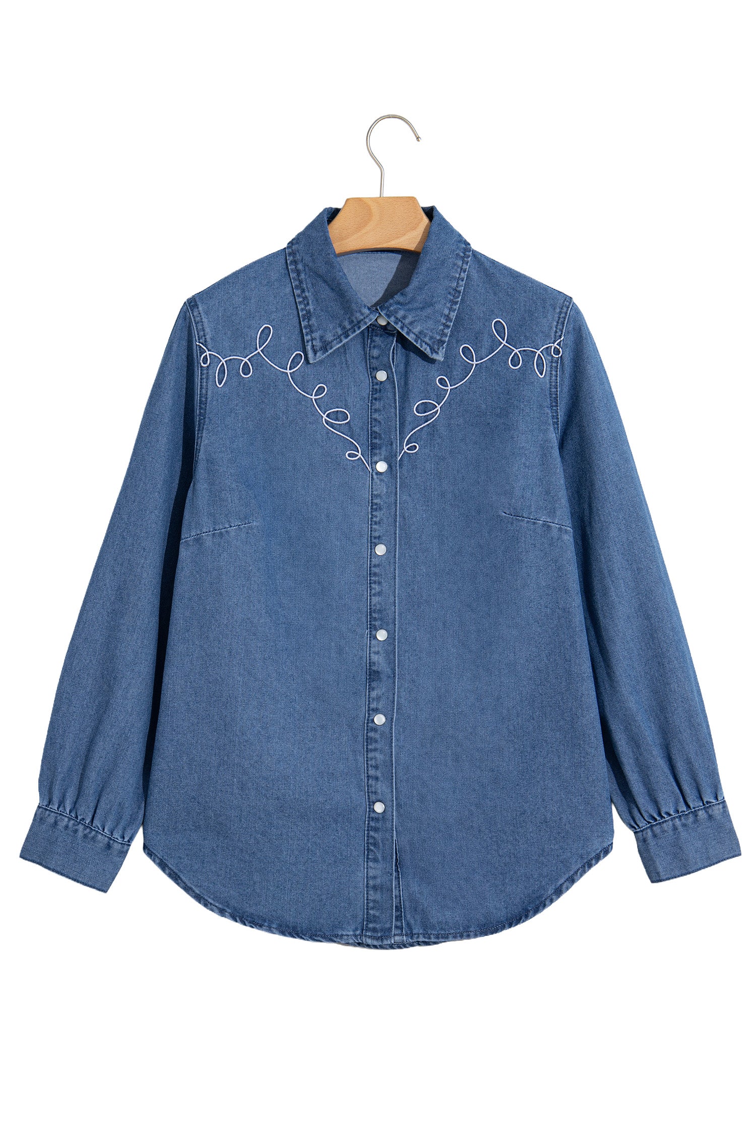 Dusk Blue Western Embroidered Collar Long Sleeve Denim Shirt-Tops/Blouses & Shirts-[Adult]-[Female]-2022 Online Blue Zone Planet