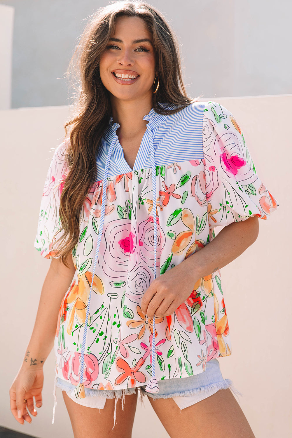 Blue Zone Planet | Multicolour Floral Print Striped Yoke Frilled V Neck Puff Short Sleeve Blouse-Tops/Blouses & Shirts-[Adult]-[Female]-2022 Online Blue Zone Planet