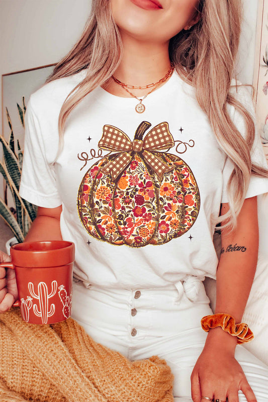 White Floral Pumpkin Print Round Neck Short Sleeve T-Shirt-Graphic/Graphic Tees-[Adult]-[Female]-White-S-2022 Online Blue Zone Planet