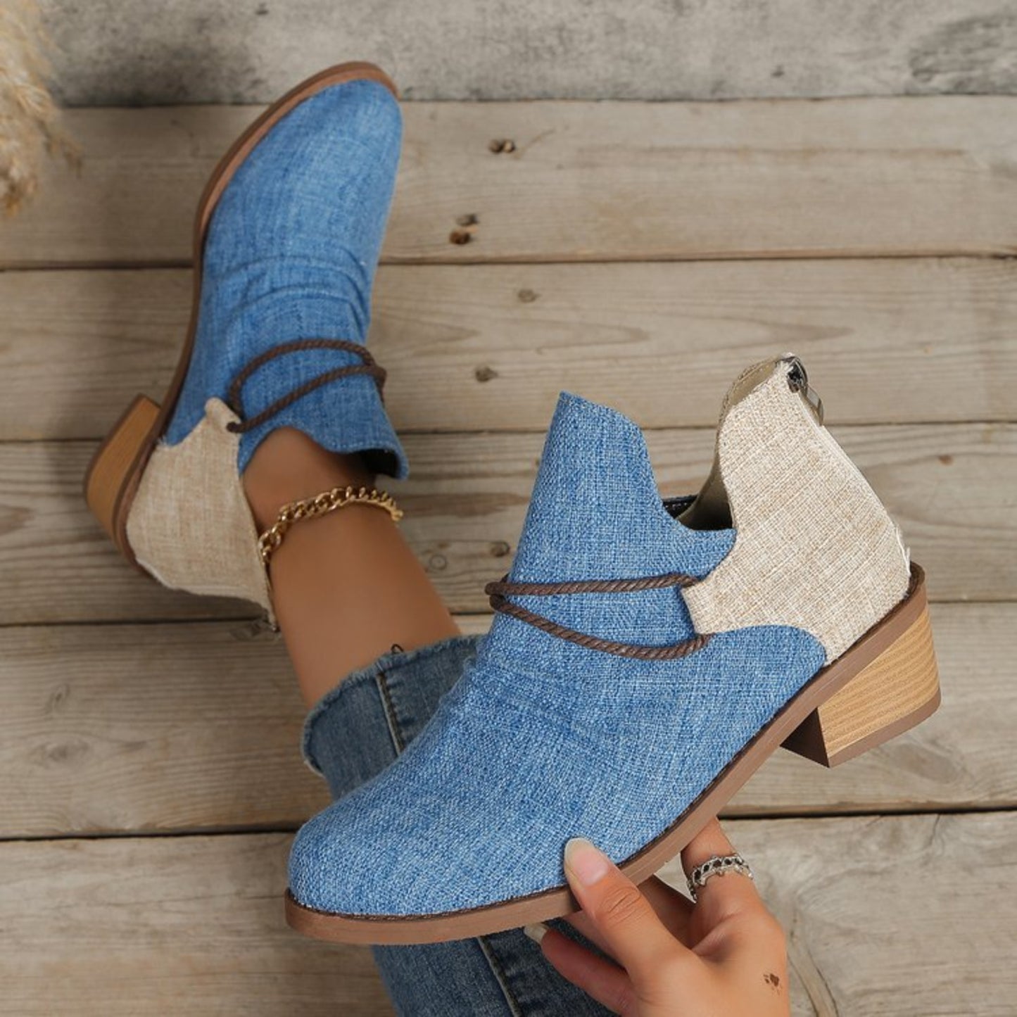 Contrast Canvas Low Heel Boots-SHOES-[Adult]-[Female]-2022 Online Blue Zone Planet