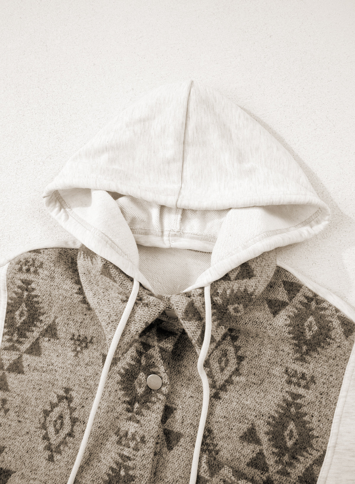 Gray Western Aztec Print Color Block Patchwork Drawstring Hooded Shacket-Tops / Dresses-[Adult]-[Female]-2022 Online Blue Zone Planet