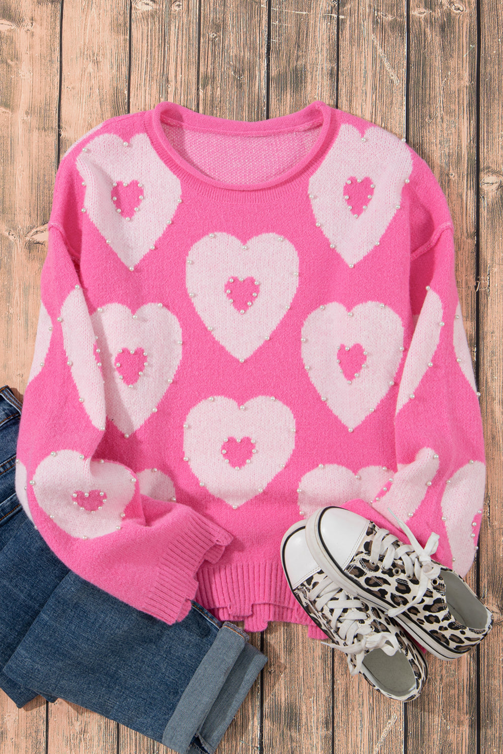 Bonbon Pearl Beaded Heart Drop Shoulder Sweater-Sweaters-[Adult]-[Female]-2022 Online Blue Zone Planet