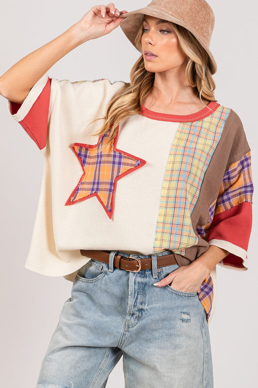 SAGE + FIG Round Neck Plaid Star Patch T-Shirt-TOPS / DRESSES-[Adult]-[Female]-Berry-S-2022 Online Blue Zone Planet