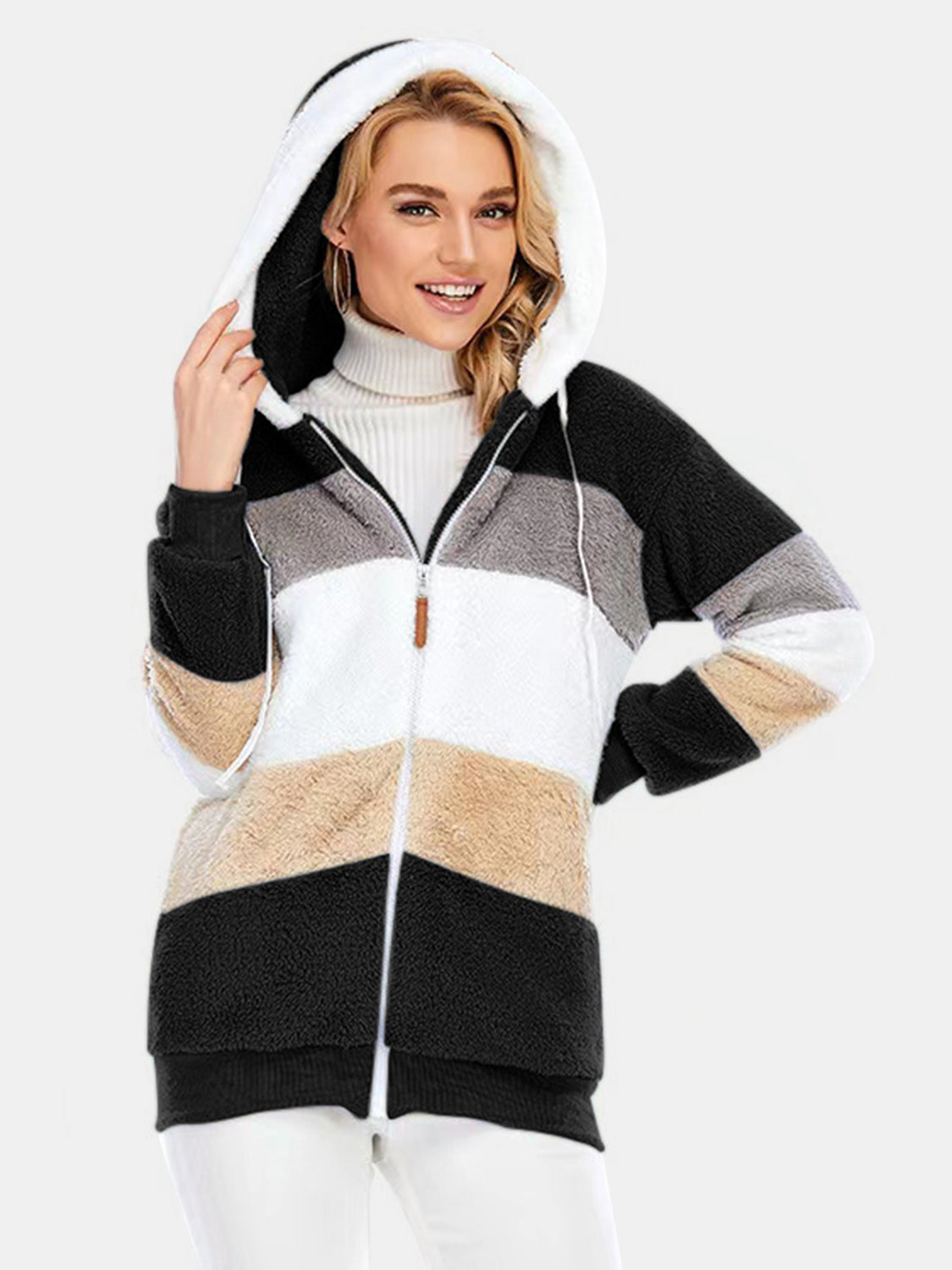 Blue Zone Planet | Full Size Drawstring Color Block Zip Up Hooded Outerwear-TOPS / DRESSES-[Adult]-[Female]-Black-S-2022 Online Blue Zone Planet