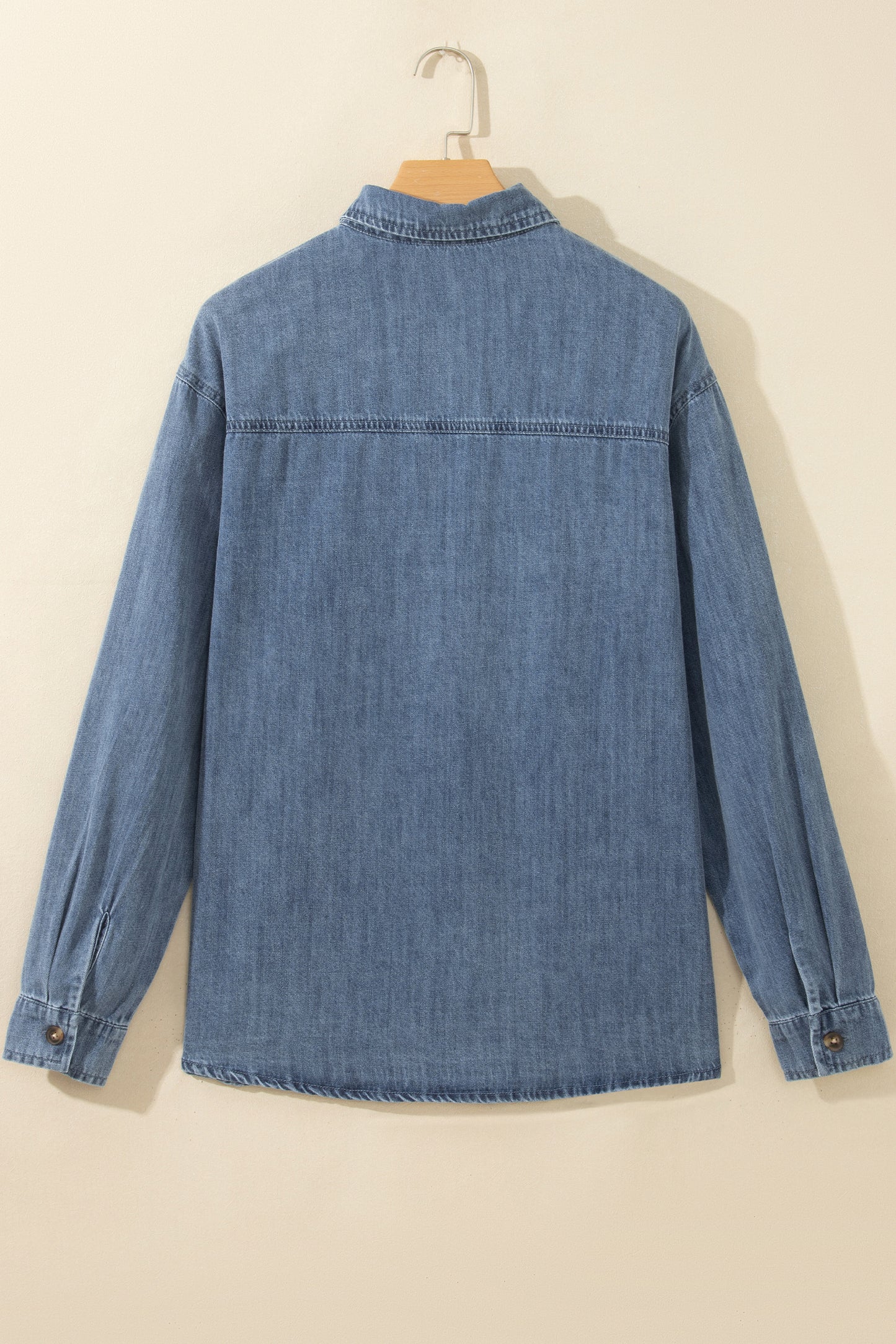 Sky Blue Color Block Pocket Detail Casual Button Down Denim Shirt-Tops/Blouses & Shirts-[Adult]-[Female]-2022 Online Blue Zone Planet