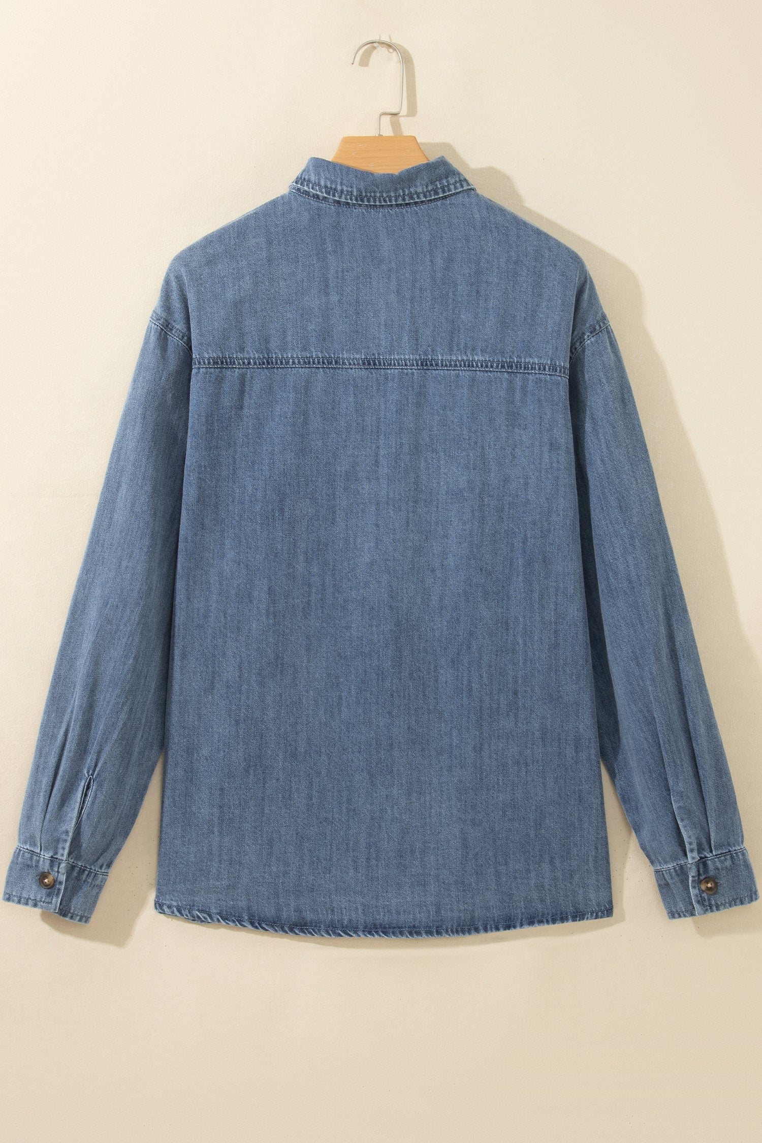 Sky Blue Color Block Pocket Detail Casual Button Down Denim Shirt-Tops/Blouses & Shirts-[Adult]-[Female]-2022 Online Blue Zone Planet