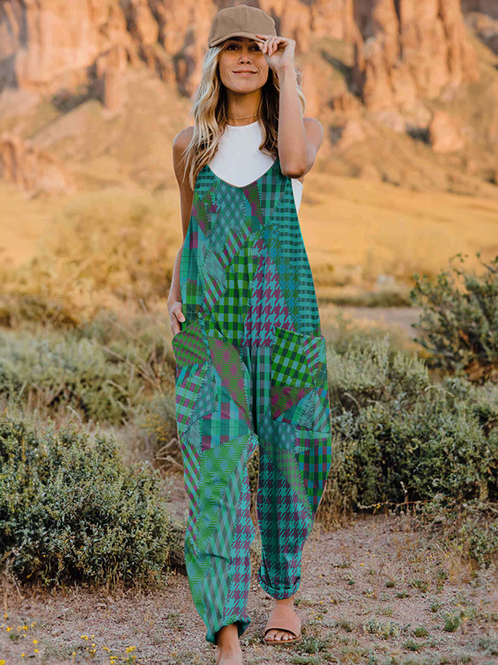 Full Size Printed V-Neck Sleeveless Jumpsuit-BOTTOMS SIZES SMALL MEDIUM LARGE-[Adult]-[Female]-Turquoise-S-2022 Online Blue Zone Planet