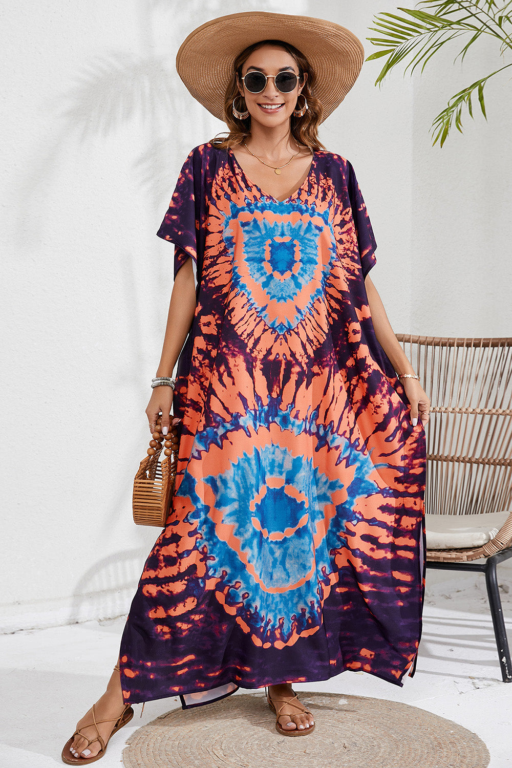 Blue Zone Planet |  Slit Printed V-Neck Short Sleeve Cover Up BLUE ZONE PLANET