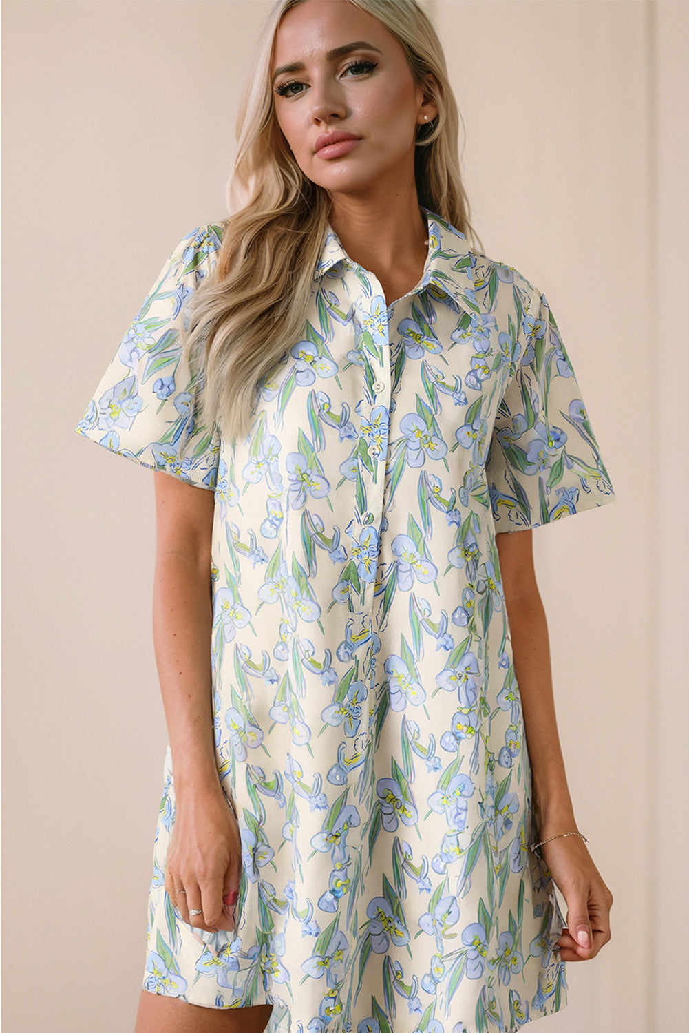 Green Floral Print Shirtcollar Buttoned Short Sleeve Shift Dress-Dresses/Floral Dresses-[Adult]-[Female]-2022 Online Blue Zone Planet