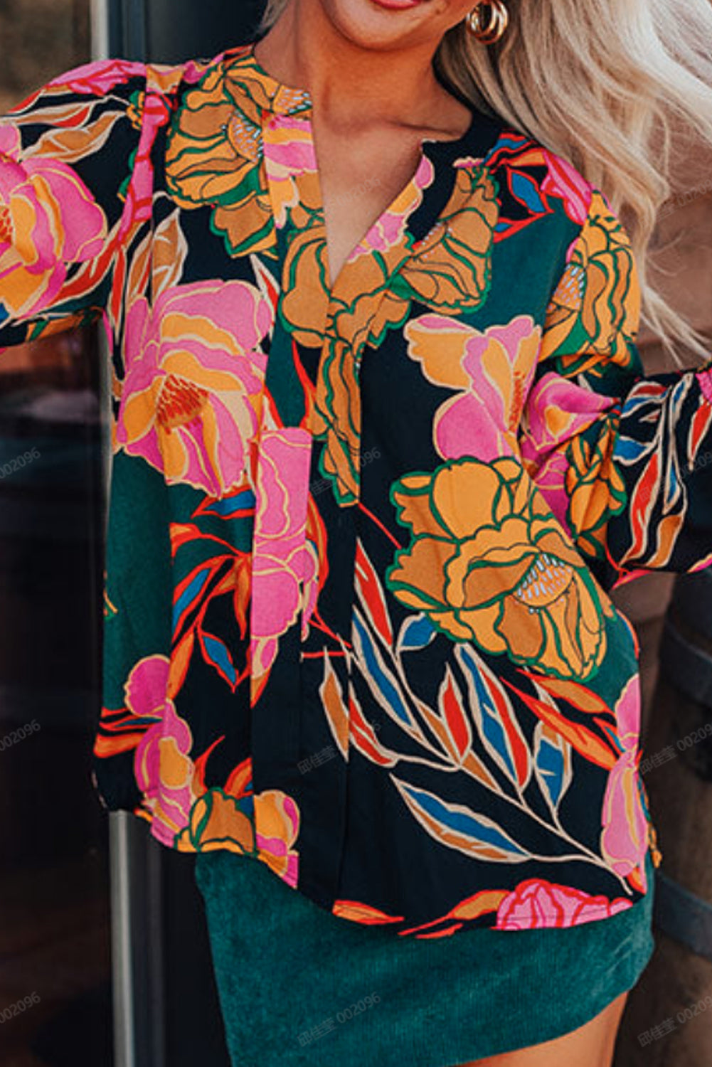 Black Floral Print Smocked Cuffs Puff Sleeve V Neck Blouse-Tops/Blouses & Shirts-[Adult]-[Female]-Black-S-2022 Online Blue Zone Planet