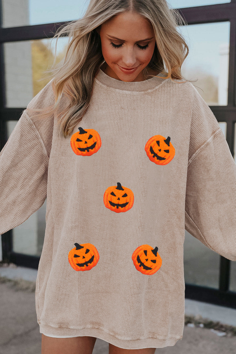 Apricot Twisted Rib Texture Chenille Halloween Pumpkin Patched Drop Shoulder Sweatshirt-Graphic/Graphic Sweatshirts-[Adult]-[Female]-2022 Online Blue Zone Planet