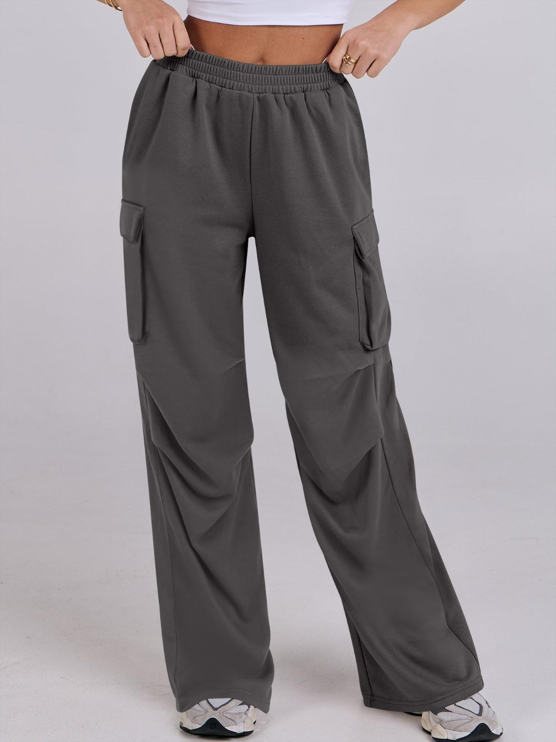 Blue Zone Planet | Elastic Waist Wide Leg Pants with Pockets-BOTTOMS SIZES SMALL MEDIUM LARGE-[Adult]-[Female]-Dark Gray-S-2022 Online Blue Zone Planet