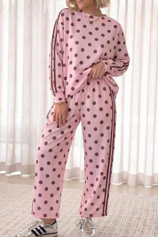Pink Polka Dot Print Side Stripe Detail Long Sleeve Top Casual Pant Set-Two Piece Sets/Pant Sets-[Adult]-[Female]-Pink-S-2022 Online Blue Zone Planet