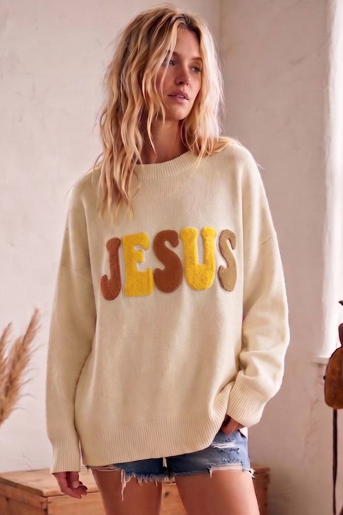 Oatmeal JESUS Plush Letter Graphic Crew Neck Casual Sweater-Sweaters & Cardigans/Sweaters-[Adult]-[Female]-2022 Online Blue Zone Planet