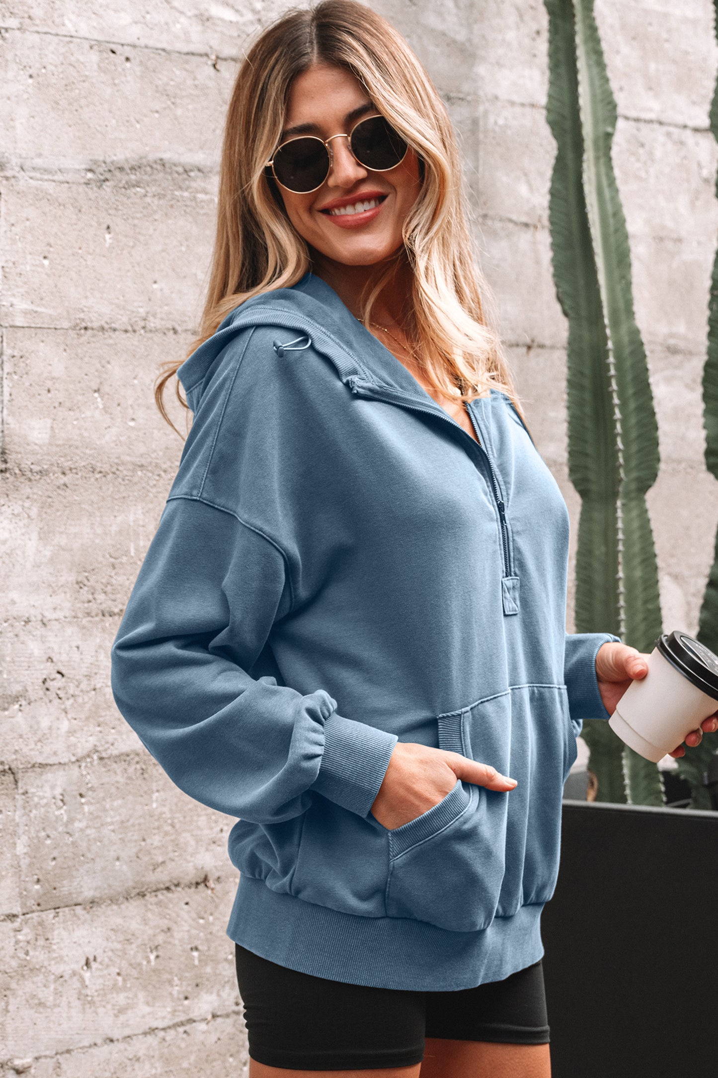 Ashleigh Blue Half Zip Kangaroo Pocket Mineral Wash Baggy Hoodie-Tops / Dresses-[Adult]-[Female]-2022 Online Blue Zone Planet
