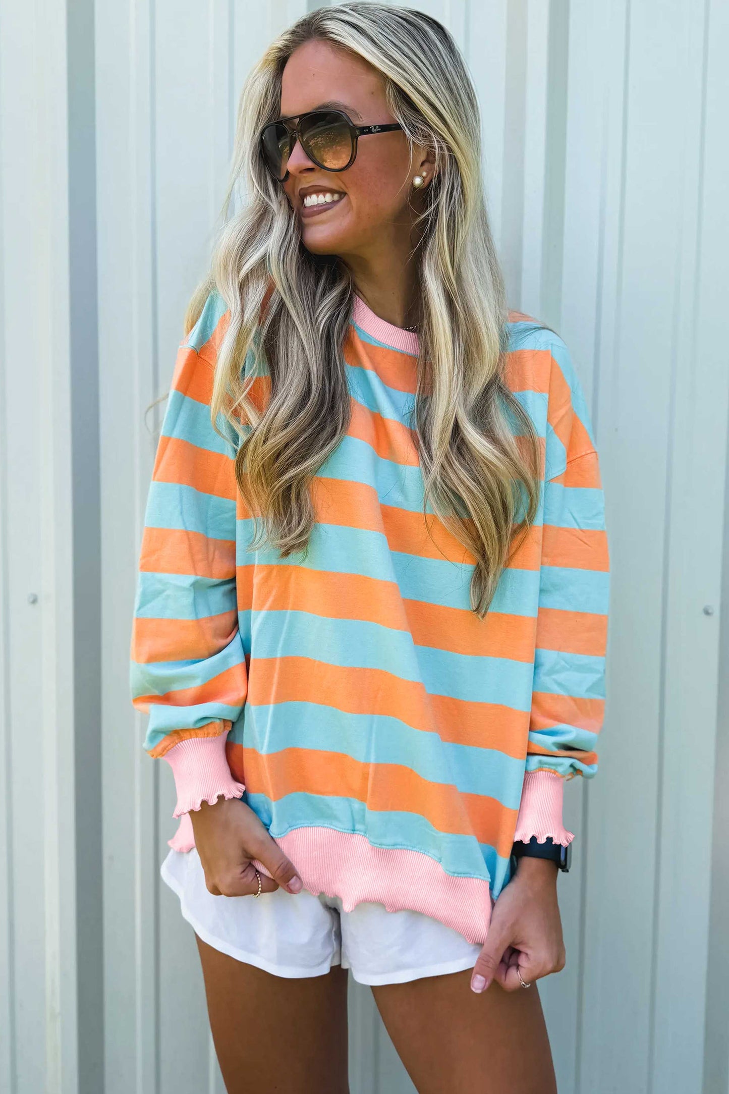 Orange Stripe Ribbed Color Block Trim Round Neck Long Sleeve Shift Top-Tops/Long Sleeve Tops-[Adult]-[Female]-2022 Online Blue Zone Planet