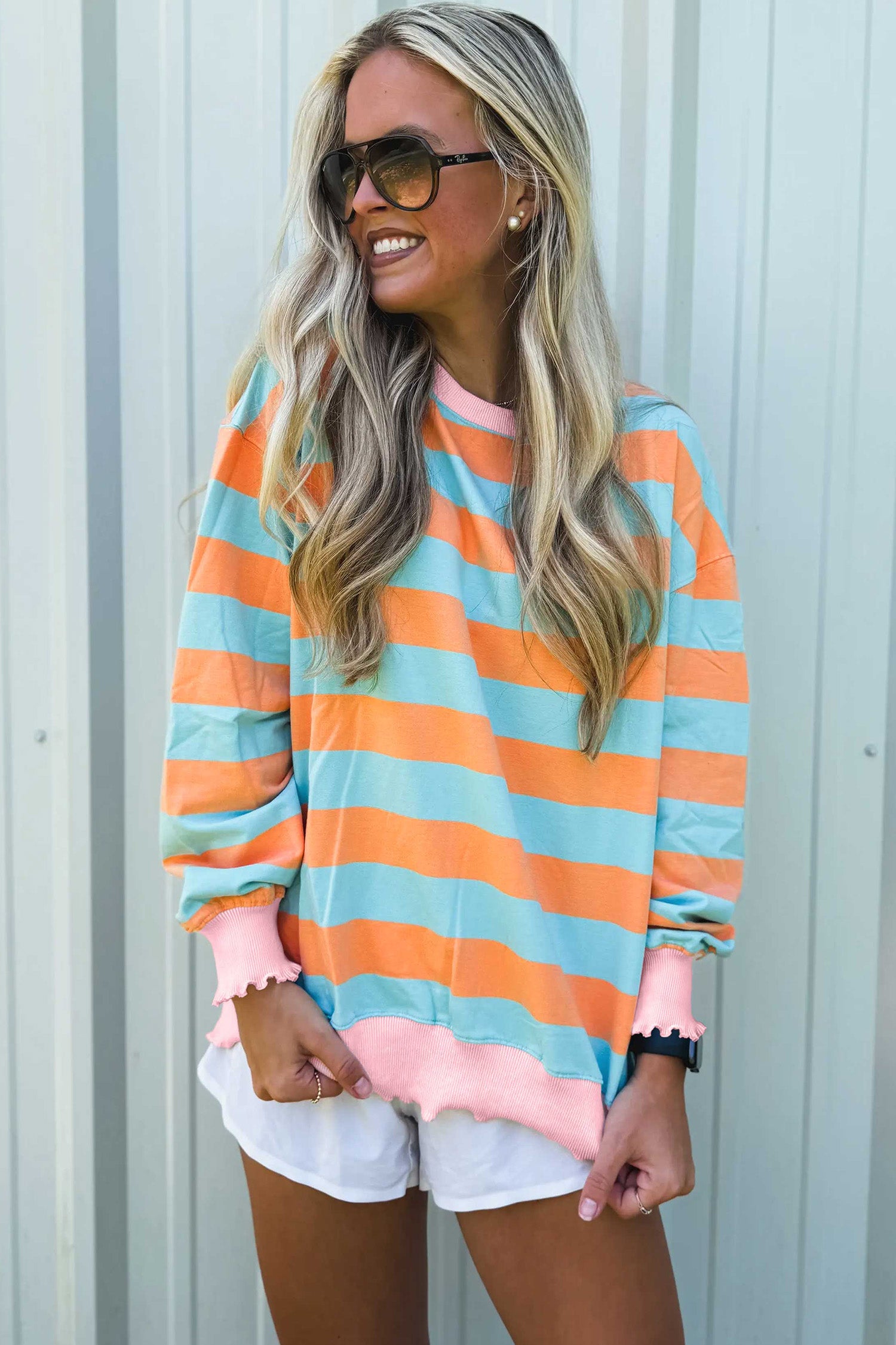 Orange Stripe Ribbed Color Block Trim Round Neck Long Sleeve Shift Top-Tops/Long Sleeve Tops-[Adult]-[Female]-2022 Online Blue Zone Planet