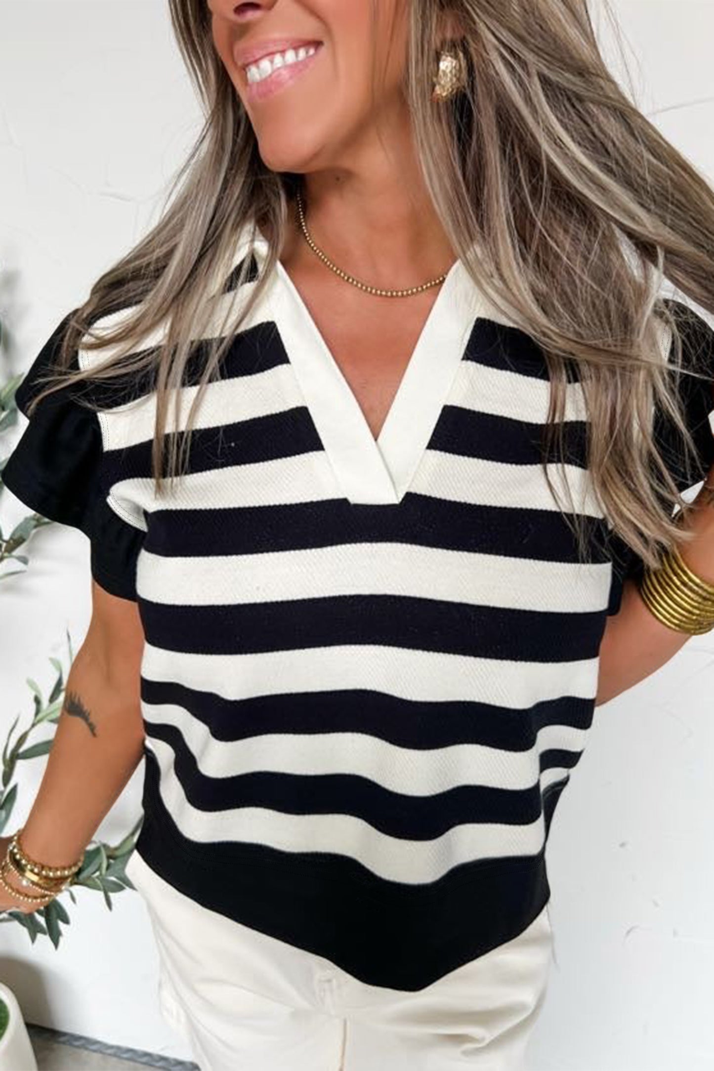 Black Stripe Collar V Neck Ruffled Short Sleeve Blouse-Tops/Blouses & Shirts-[Adult]-[Female]-Black Stripe-S-2022 Online Blue Zone Planet
