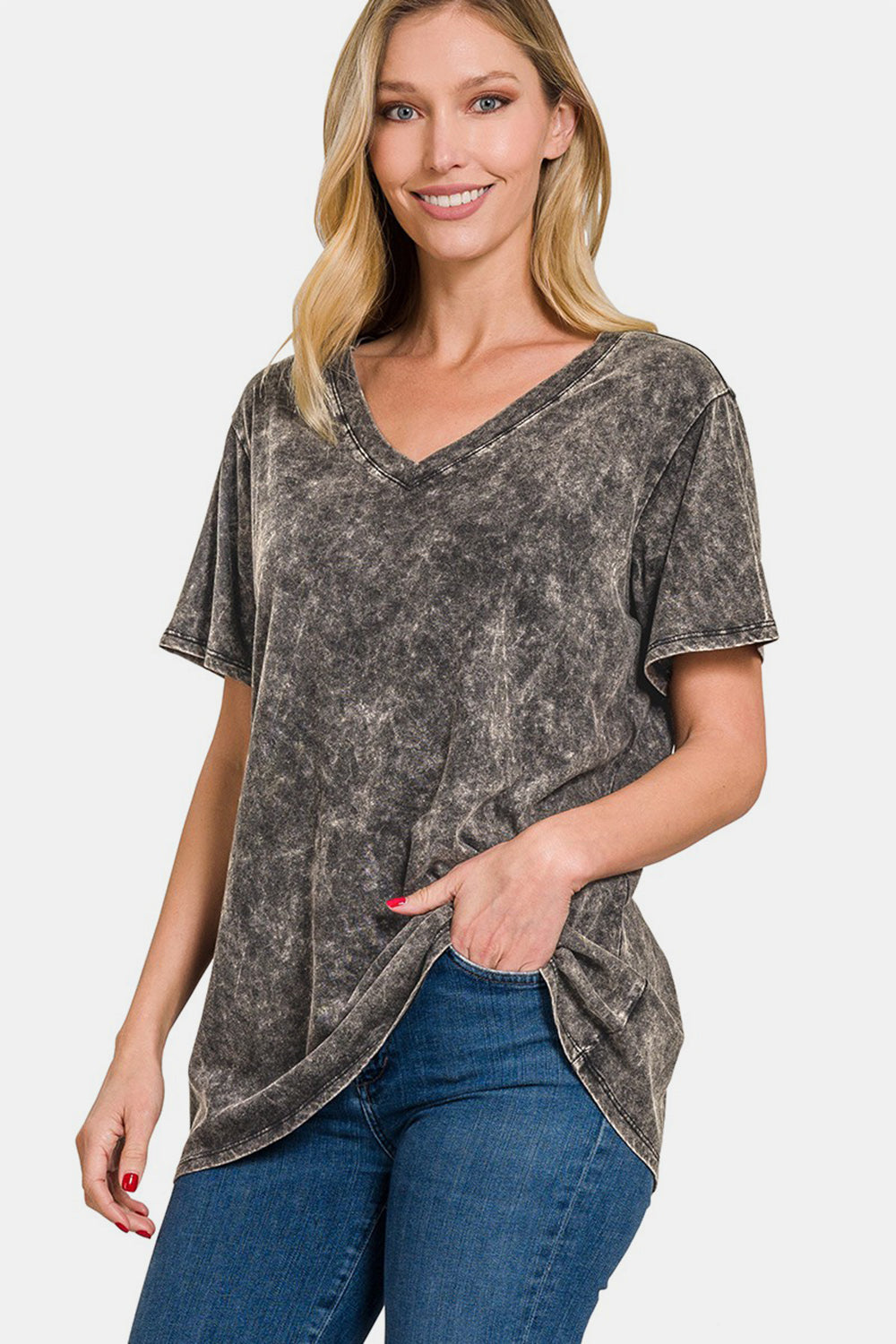 Zenana Full Size Washed Short Sleeve V-Neck T-Shirt-TOPS / DRESSES-[Adult]-[Female]-2022 Online Blue Zone Planet