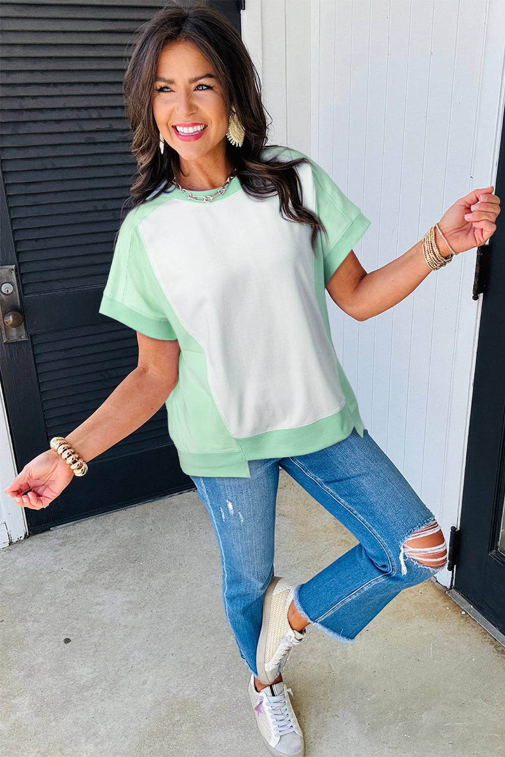 Light Green Colorblock Exposed Seam Patchwork Crew Neck T Shirt-T Shirts-[Adult]-[Female]-2022 Online Blue Zone Planet