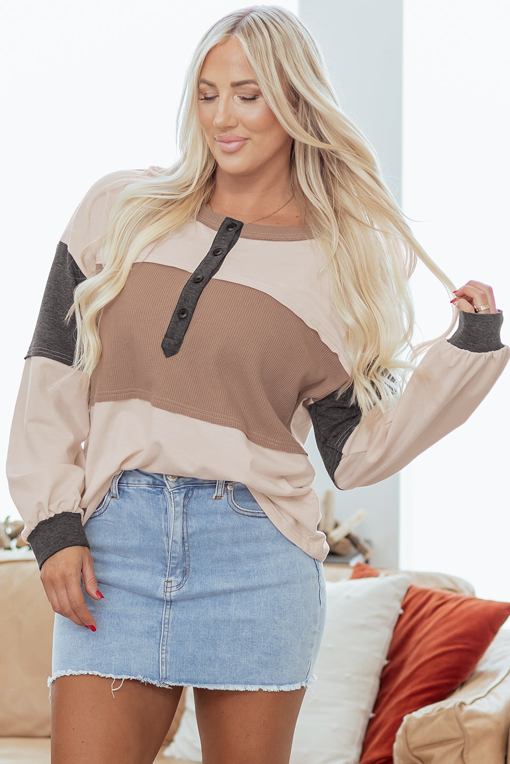 Jet Stream Color Block Waffled Patchwork Loose Henley Top-Tops/Long Sleeve Tops-[Adult]-[Female]-2022 Online Blue Zone Planet