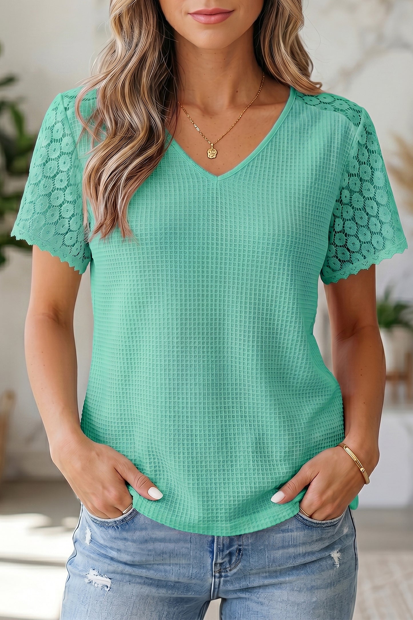 Pink Lace Splicing Button Cutout V Neck Waffle Knit Blouse-Tops/Blouses & Shirts-[Adult]-[Female]-Mint Green-S-2022 Online Blue Zone Planet