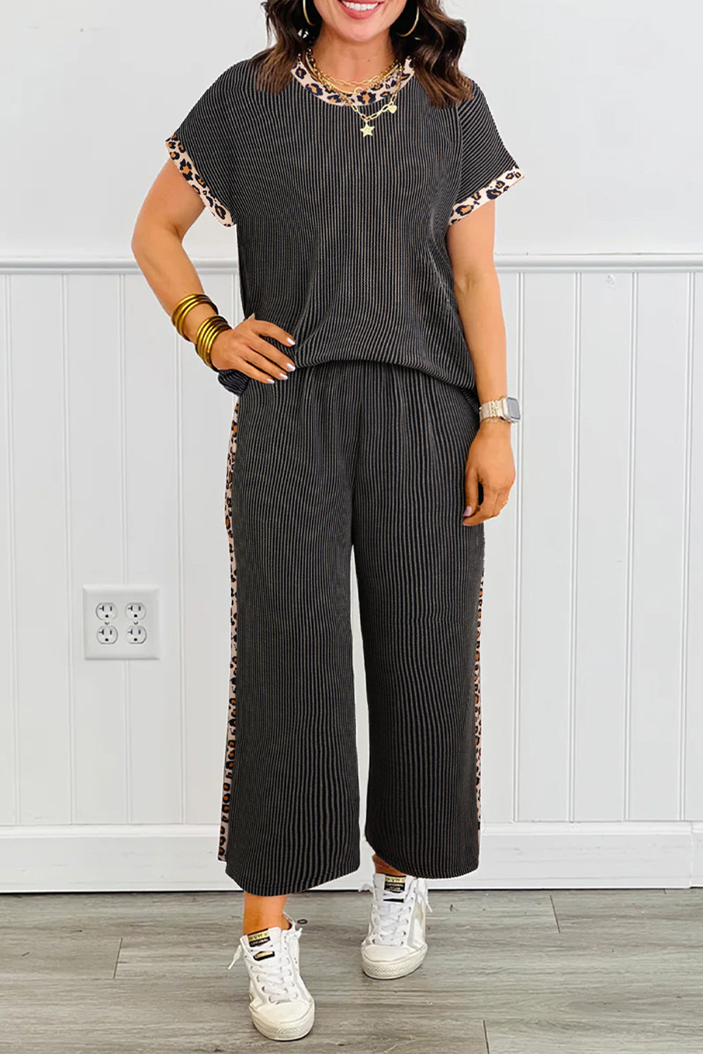Carbon Grey Leopard Patchwork Edge Twisted Rib T Shirt and Cropped Pants Set-Two Piece Sets/Pant Sets-[Adult]-[Female]-Carbon Grey-S-2022 Online Blue Zone Planet