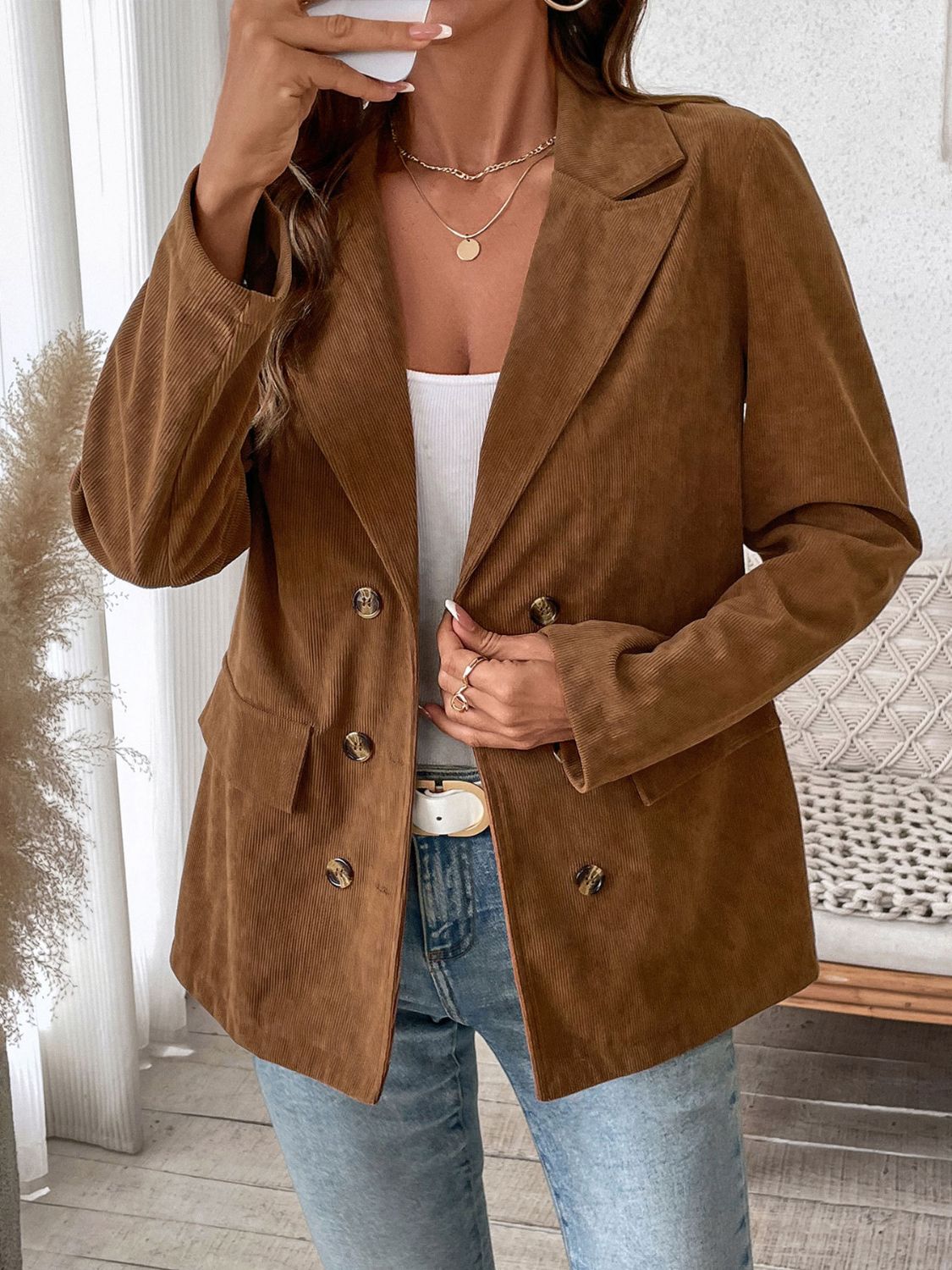 Perfee Decorative Pocket Flap Lapel Collar Long Sleeve Outerwear-TOPS / DRESSES-[Adult]-[Female]-Brown-S-2022 Online Blue Zone Planet