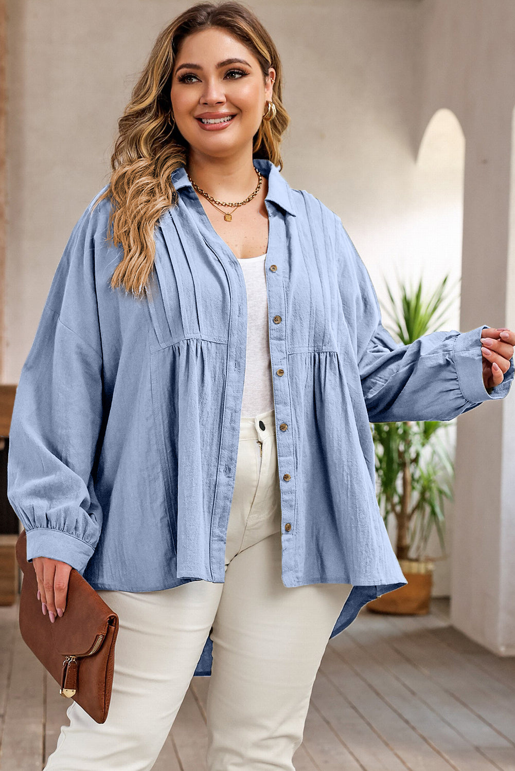 Plus Size High-Low Button Up Dropped Shoulder Shirt-TOPS / DRESSES-[Adult]-[Female]-2022 Online Blue Zone Planet