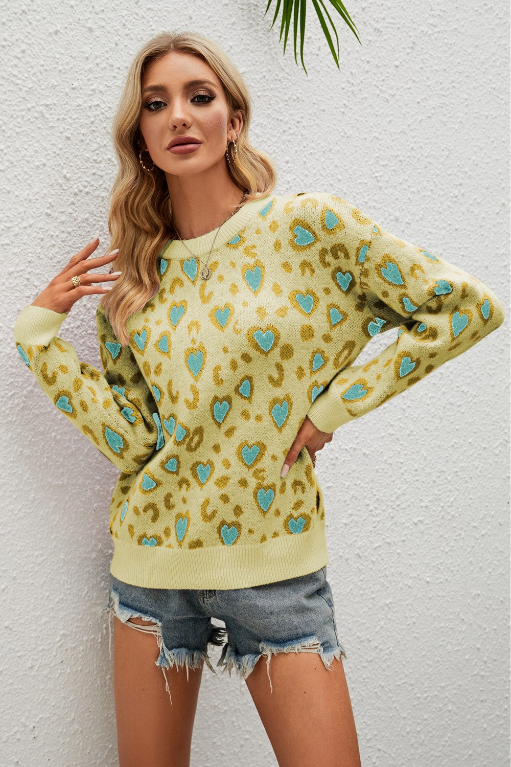 Blue Zone Planet | Heart Round Neck Dropped Shoulder Sweater-TOPS / DRESSES-[Adult]-[Female]-Light Yellow-S-2022 Online Blue Zone Planet