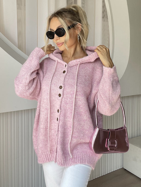 Drawstring Button Down Hooded Cardigan-TOPS / DRESSES-[Adult]-[Female]-Dusty Pink-One Size-2022 Online Blue Zone Planet