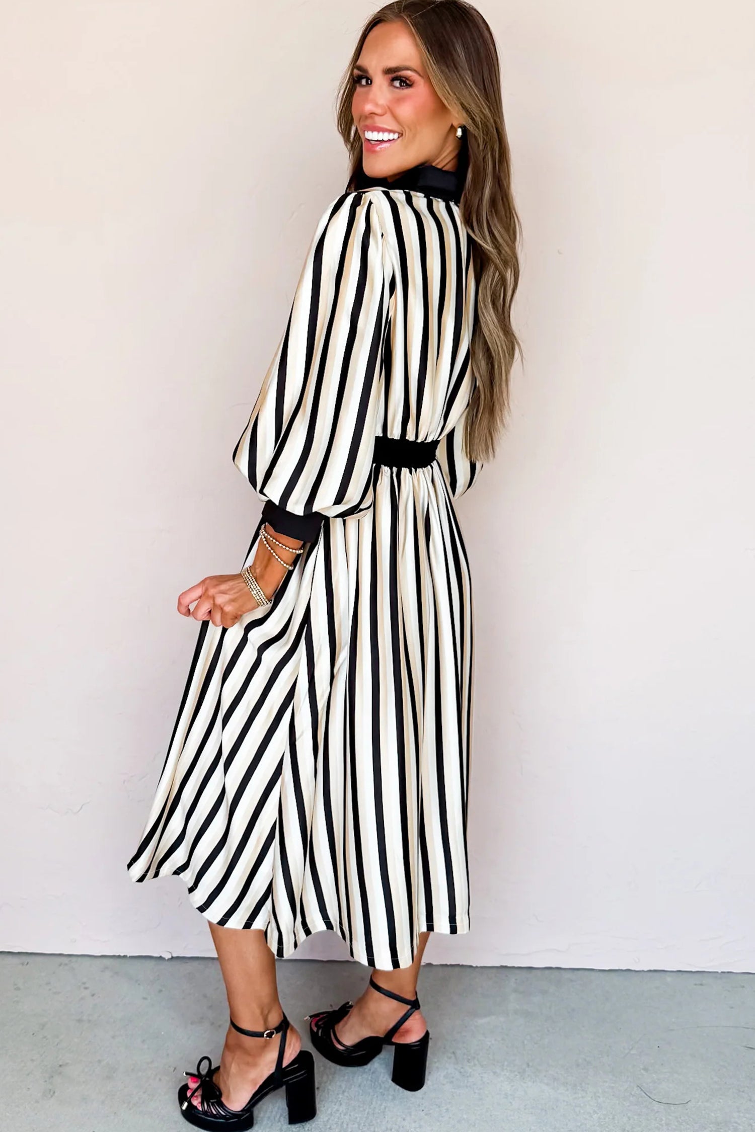 Black Stripe 3/4 Puff Sleeve Shirt Style Button Down Midi Dress-TOPS / DRESSES-[Adult]-[Female]-2022 Online Blue Zone Planet