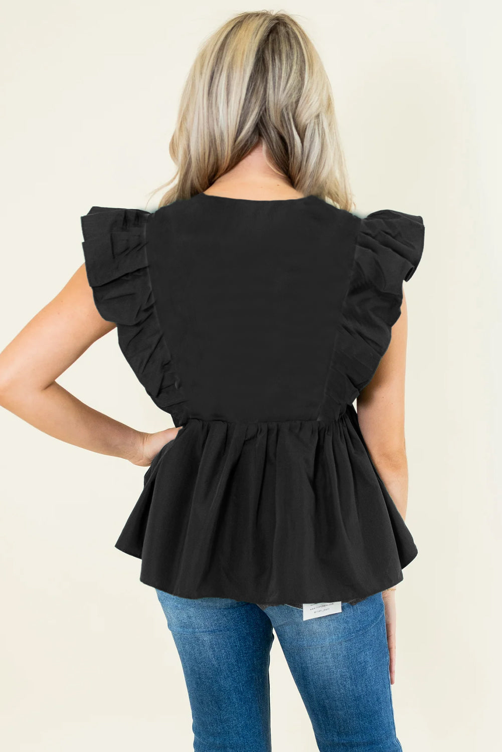 Black Contrast Ricrac Trim Ruffled V Neck Peplum Top-Tops/Blouses & Shirts-[Adult]-[Female]-2022 Online Blue Zone Planet