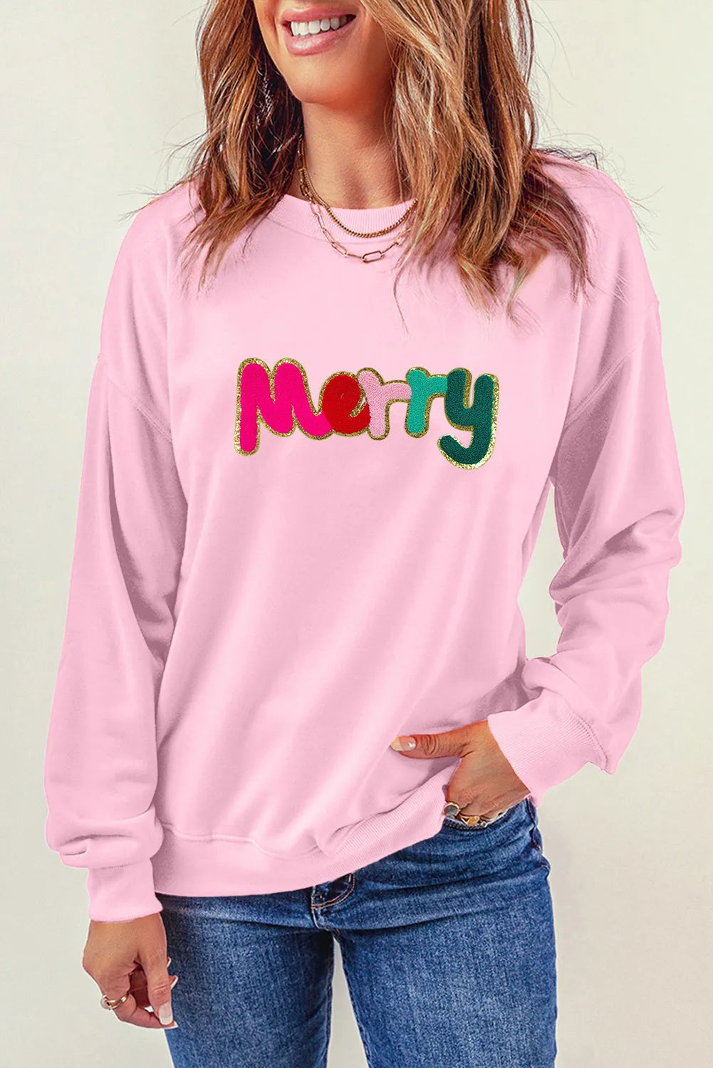 MERRY Round Neck Long Sleeve Sweatshirt-TOPS / DRESSES-[Adult]-[Female]-Blush Pink-S-2022 Online Blue Zone Planet