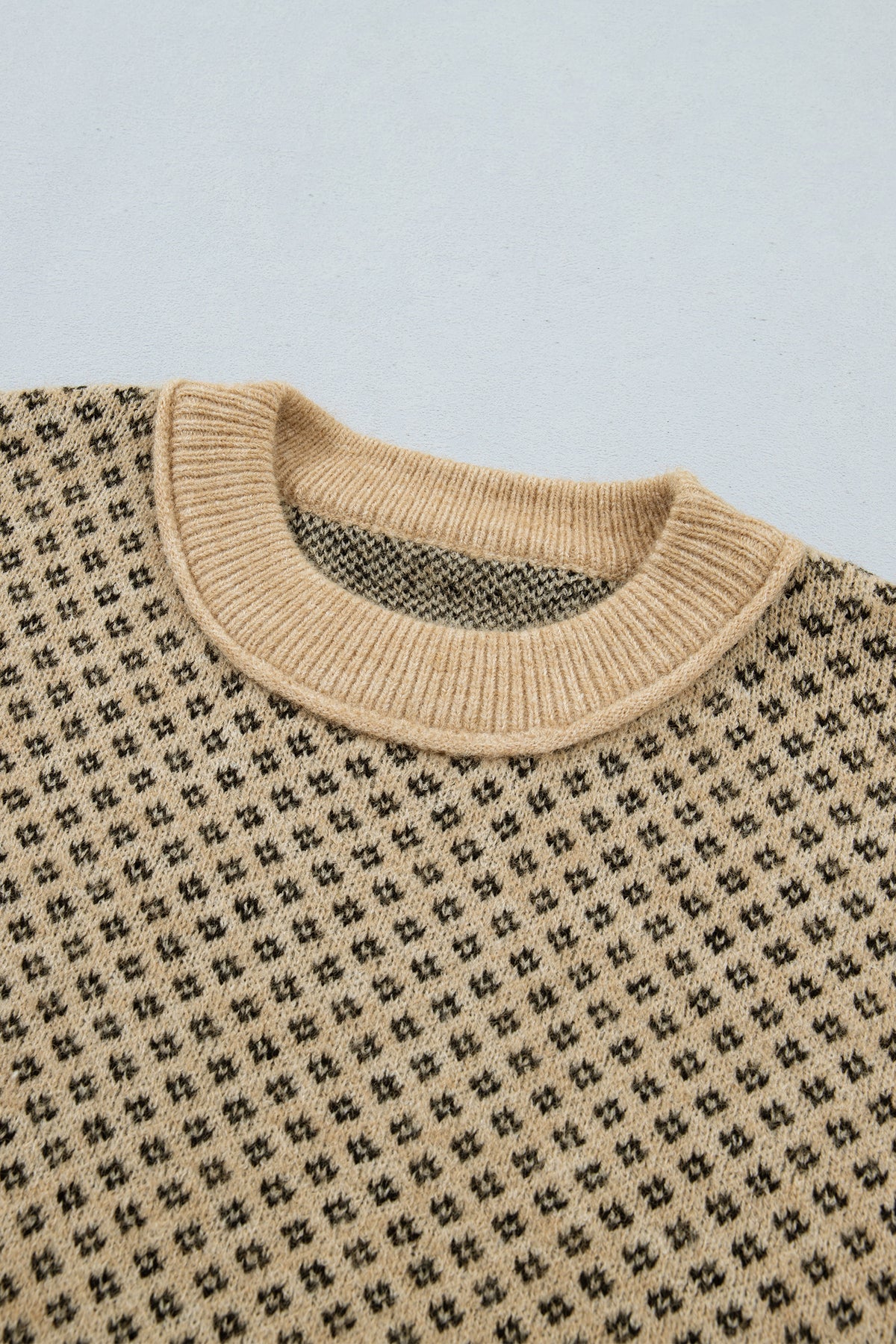 Khaki Geometric Print Drop Shoulder Round Neck Long Sleeve Sweater-TOPS / DRESSES-[Adult]-[Female]-2022 Online Blue Zone Planet