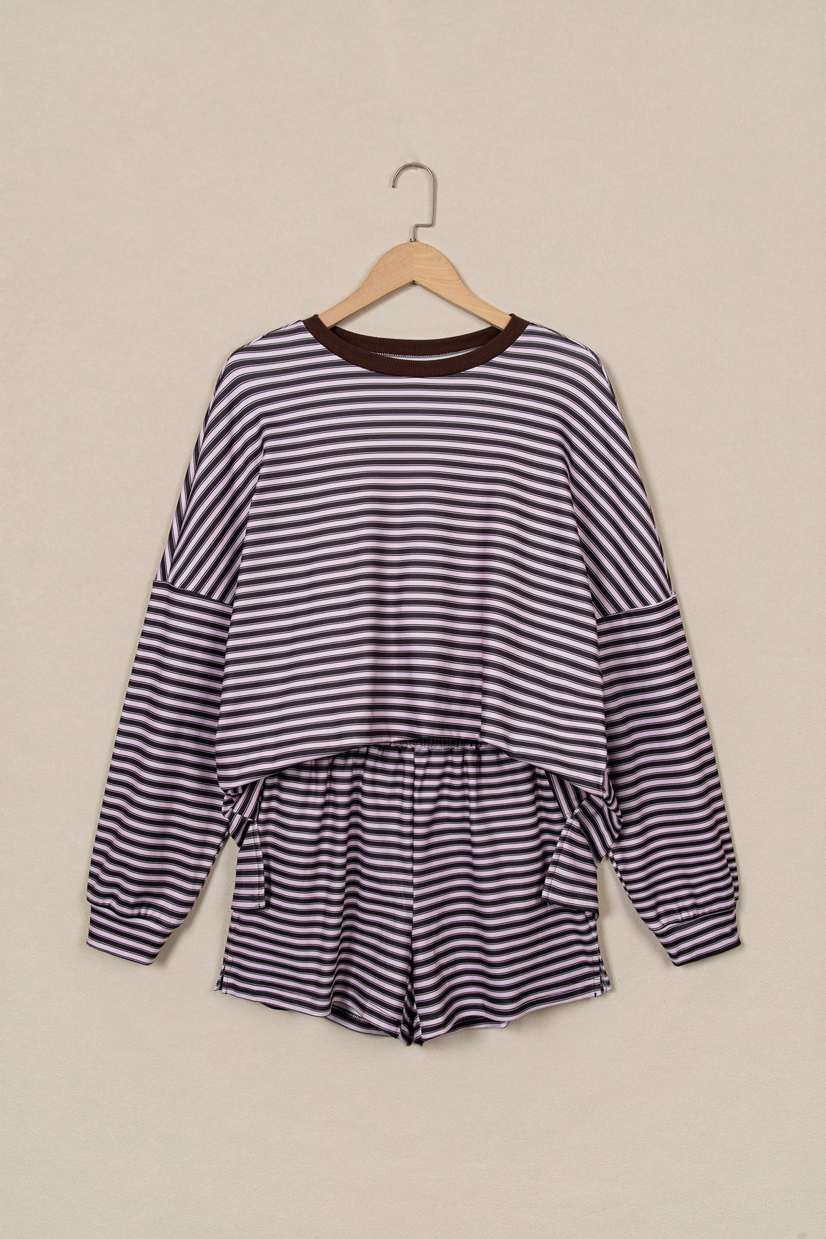 Brown Stripe Long Sleeve Oversized Top Pocketed Casual Shorts Two Piece Set-Two Piece Sets/Short Sets-[Adult]-[Female]-2022 Online Blue Zone Planet