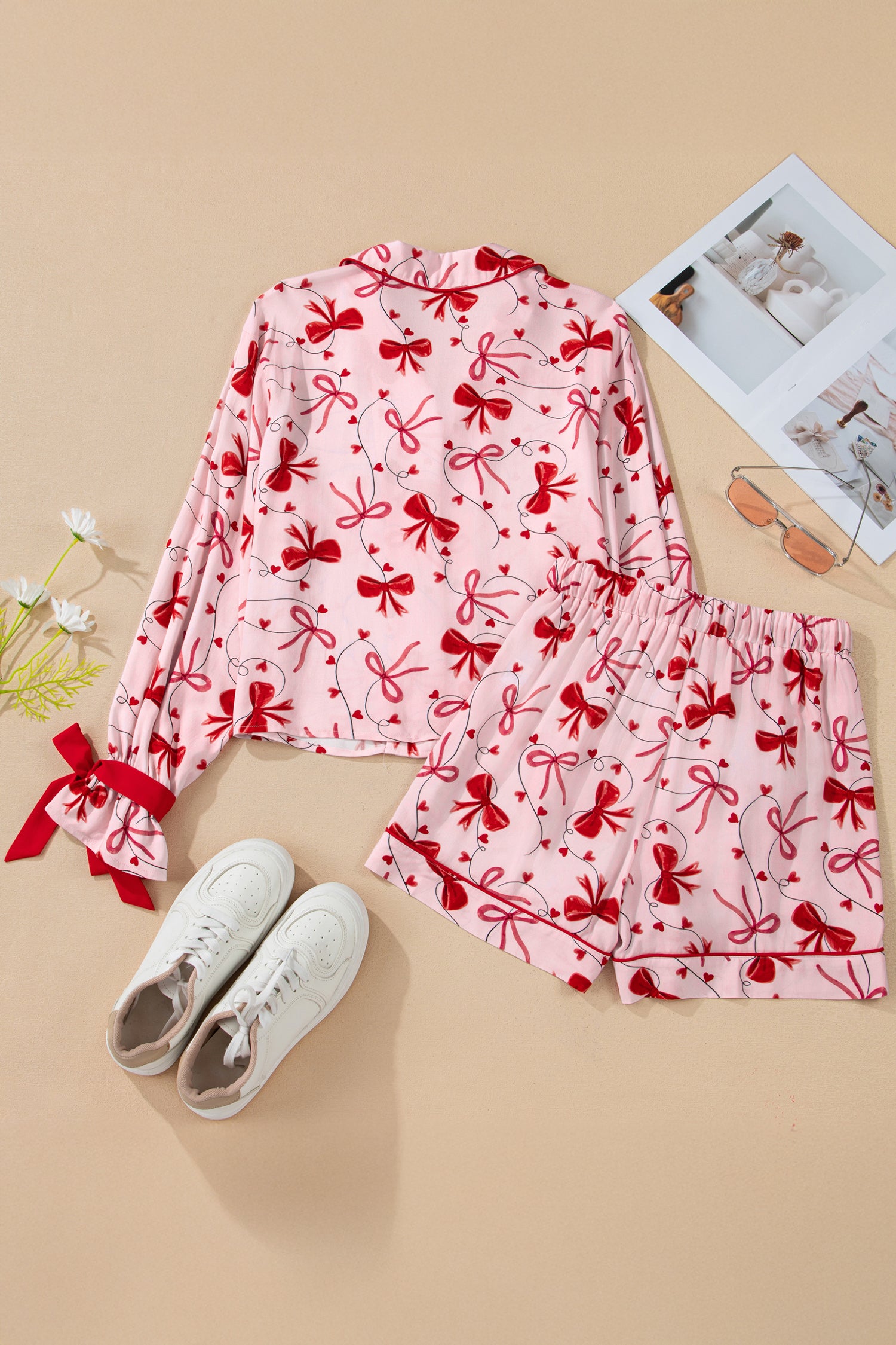 Red Bow Print Valentine Long Sleeve Shirt Shorts 2 Pcs Pajama Set-Loungewear & Sleepwear/Sleepwear-[Adult]-[Female]-2022 Online Blue Zone Planet