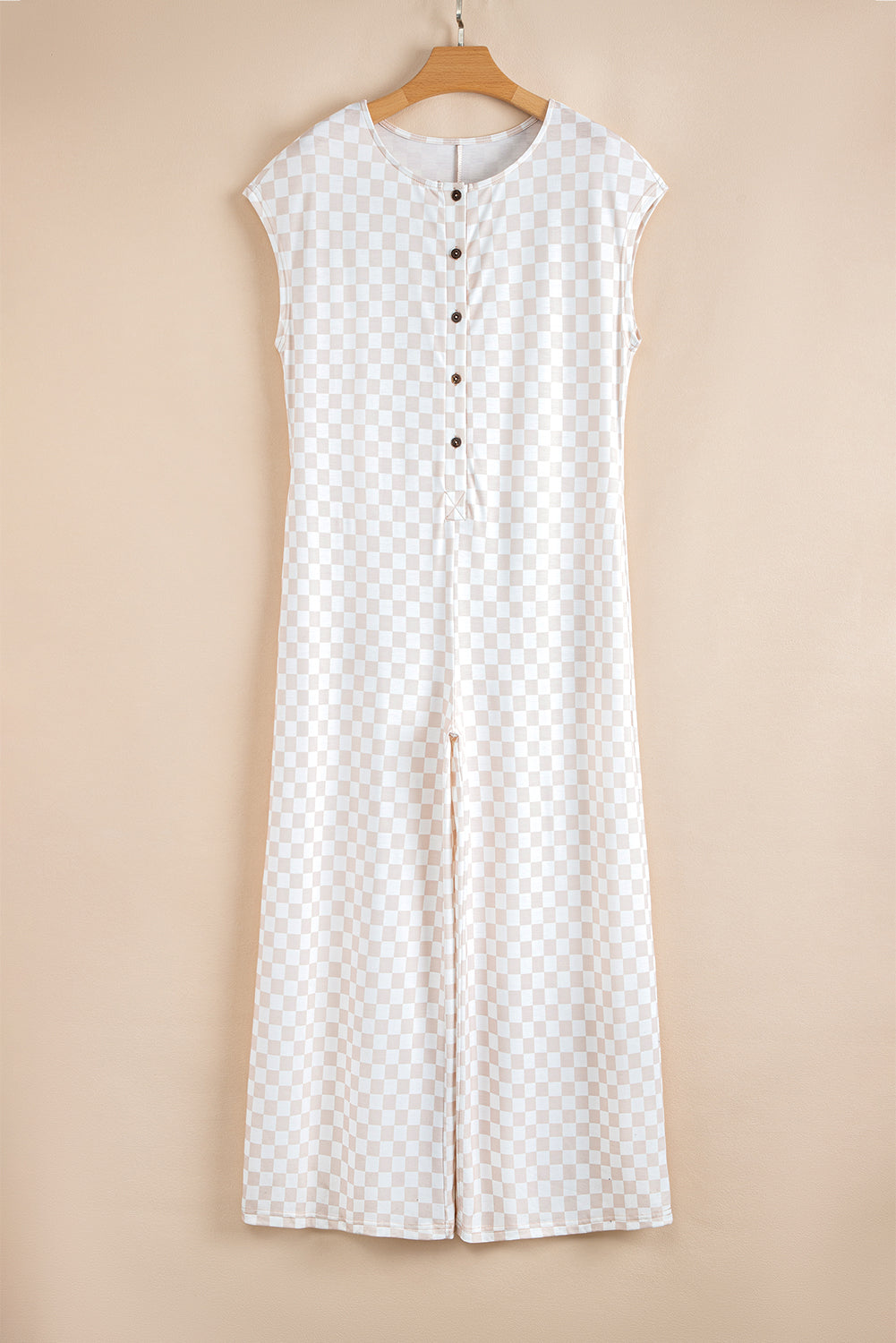 Apricot Checkered Print Buttoned Crew Neck Wide Leg Jumpsuit-Bottoms/Jumpsuits & Rompers-[Adult]-[Female]-2022 Online Blue Zone Planet