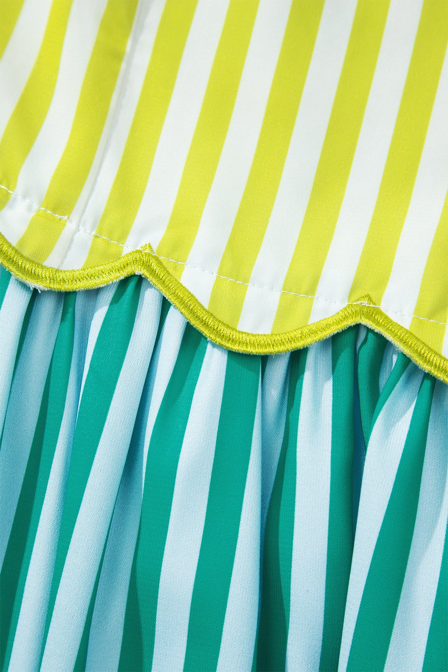 Green Stripe Scalloped Contrast Patchwork Knot Strap Midi Dress-TOPS / DRESSES-[Adult]-[Female]-2022 Online Blue Zone Planet