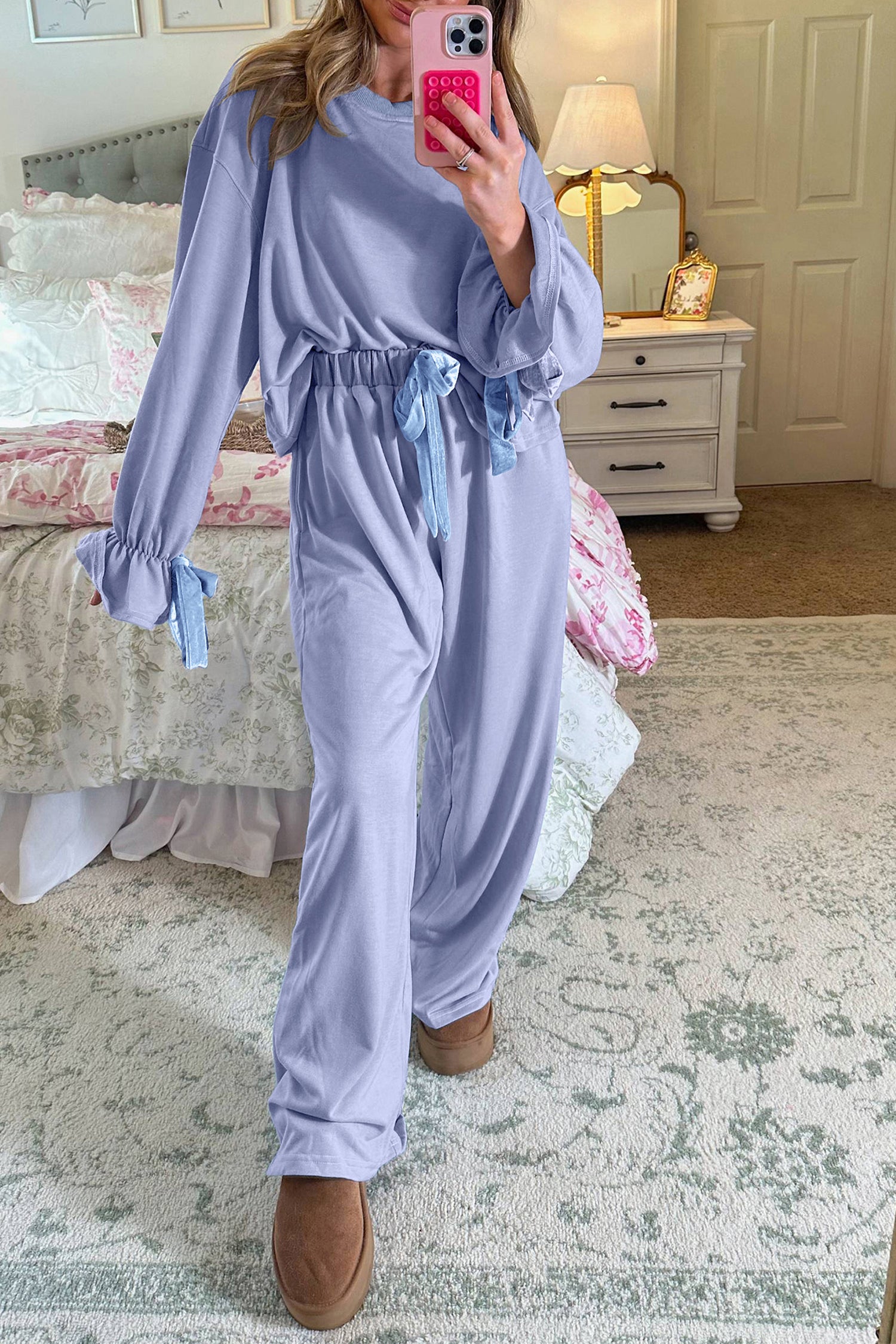 Beau Blue Flounce Long Sleeve Top Drawstring Pants Contrast Velvet Bow Knot 2pcs Lounge Set-Loungewear & Sleepwear/Loungewear-[Adult]-[Female]-Beau Blue-S-2022 Online Blue Zone Planet