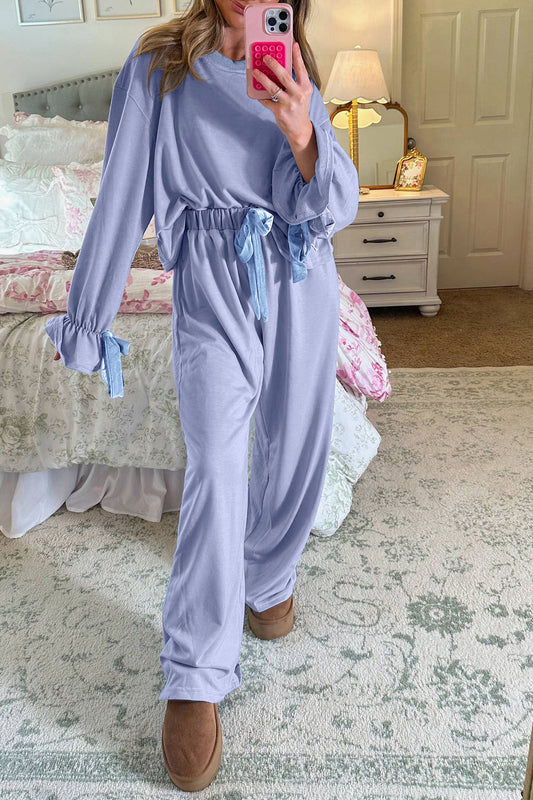 Beau Blue Flounce Long Sleeve Top Drawstring Pants Contrast Velvet Bow Knot 2pcs Lounge Set-Loungewear & Sleepwear/Loungewear-[Adult]-[Female]-Beau Blue-S-2022 Online Blue Zone Planet