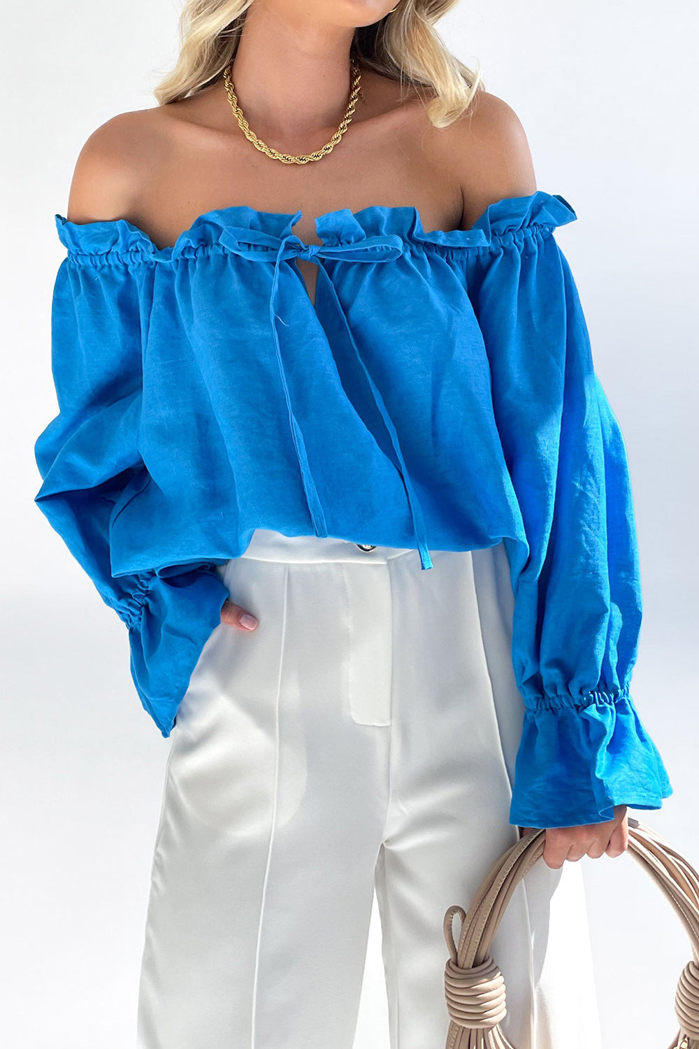 MeiMei Drawstring Off-Shoulder Flounce Sleeve Blouse-TOPS / DRESSES-[Adult]-[Female]-2022 Online Blue Zone Planet