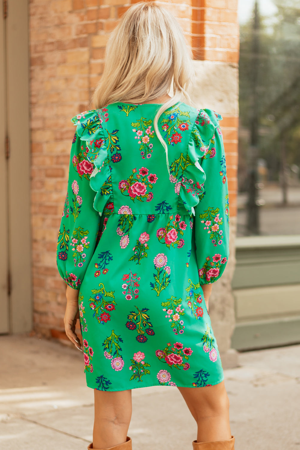 Green Floral Ruffled Three Quarter Sleeve Buttoned Mini Dress-TOPS / DRESSES-[Adult]-[Female]-2022 Online Blue Zone Planet